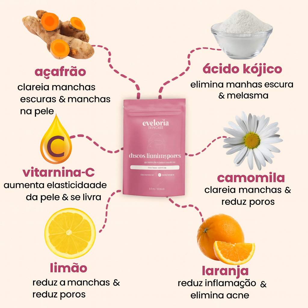 Almofadas iluminadoras de cúrcuma e ácido kójico